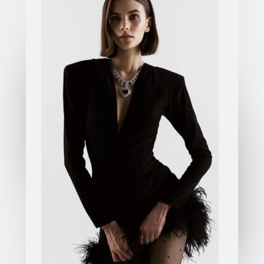 NWT The New Arrivals by Ilkyaz Ozel Gabrielle feather trim black dress size 38